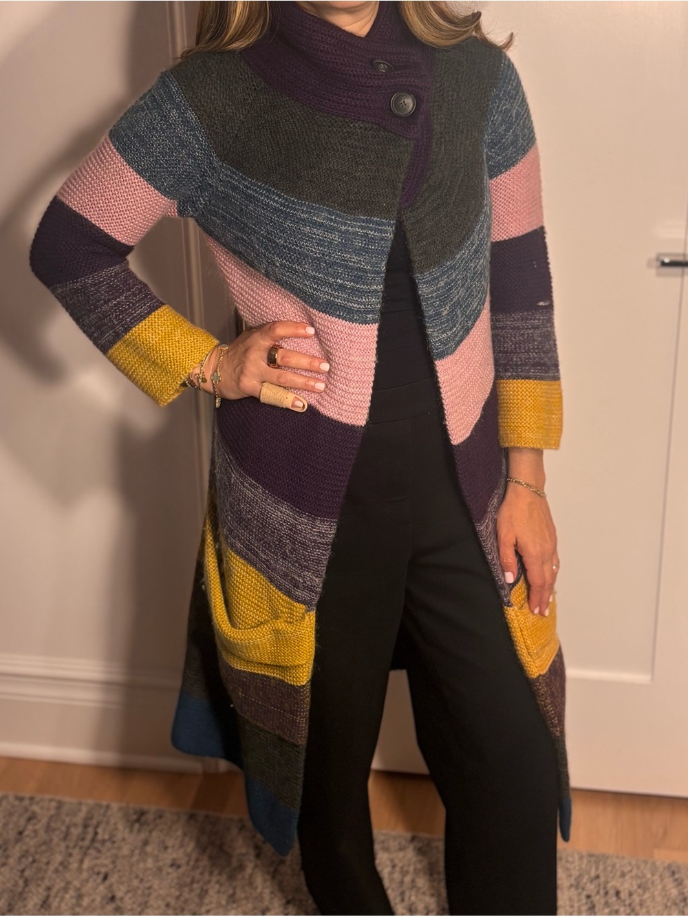 Theory Colorblock Knit Open Front Long Cardigan Sweater P Petite Wool Blend